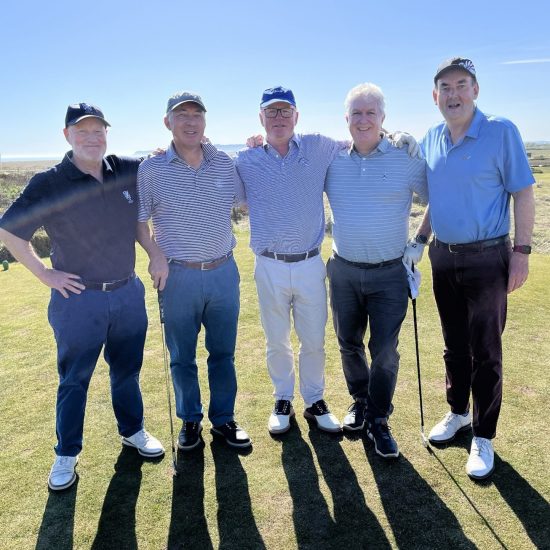 OGGS Captain Niall Booker, OGGS Past President and Hewitt Vice President John Gordon, Andrew Watson, John Bushell and OGGS Past President Jim Patrick on 16th tee at Jubilee Course, Rye.