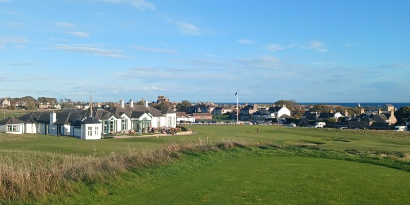 Elie clubhouse in late afternoon sunshine